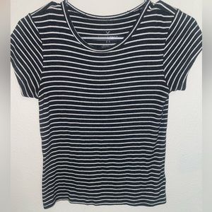 A&E Soft & Sexy Rib Short Sleeve Top- Dark Grey and White Stripped